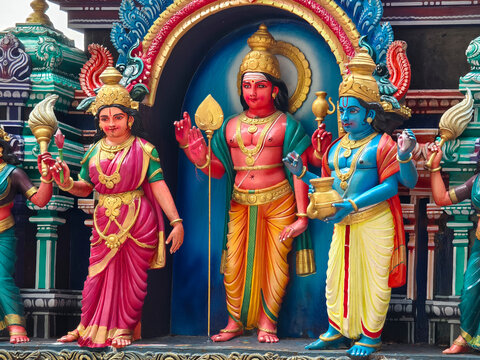 Gombak, Selangor, Malaysia - Colorful Hindu statues decorating Batu Caves temple exterior