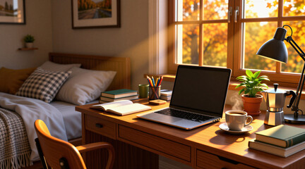 Fototapeta premium Cozy bedroom workspace with laptop, books, and coffee by sunlit window. Autumn trees outside create warm ambiance. Perfect for remote work study or relaxation at home.