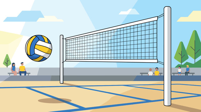 Vector illustration of a volleyball court with a net and ball.