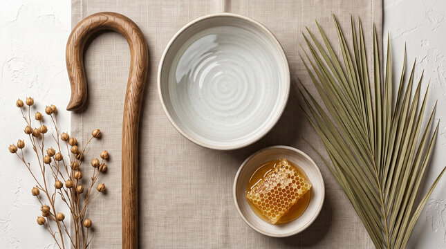 Still life composition with wooden shepherd's crook, bowl, and honeycomb