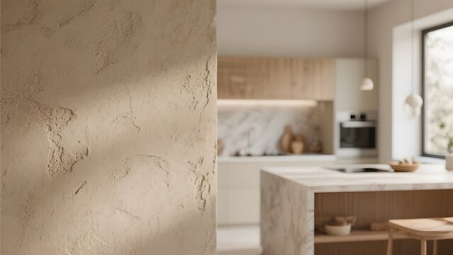 Minimalist Kitchen with Handmade Clay Plaster Wall Close Up Interior Texture
