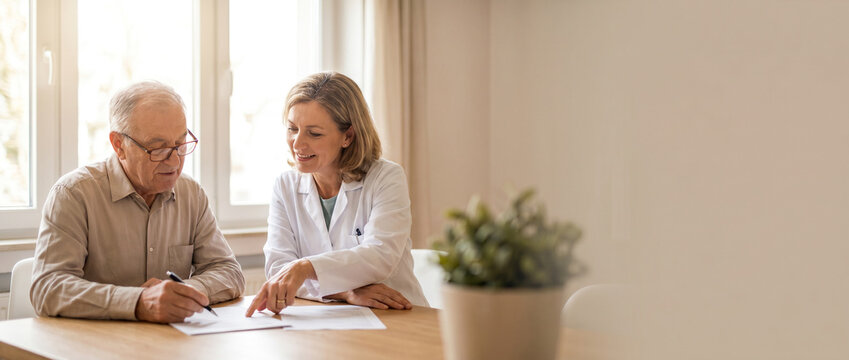 Senior patient signs treatment authorization documents while compassionate physician explains paperwork in bright private consultation room, conveying trust, informed consent and quality healthcare.