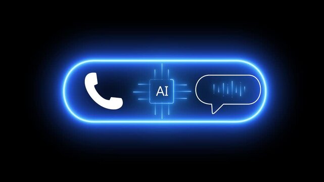 Neon blue glowing framework animation showing a phone call icon connecting through an AI chip to an audio voice message speech bubble on black background stock video