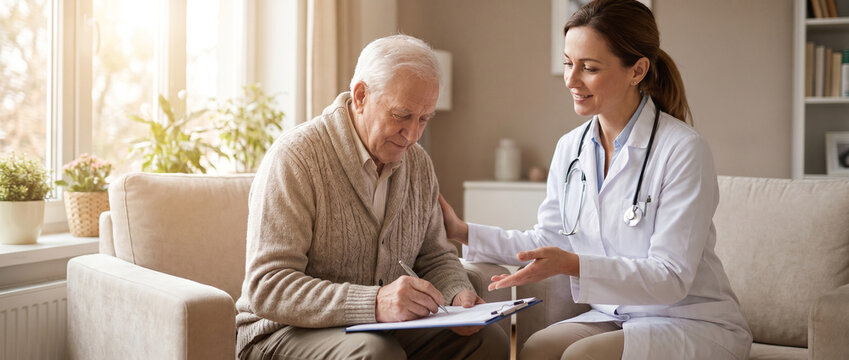 Senior patient signs treatment authorization documents while compassionate physician explains paperwork in bright private consultation room, conveying trust, informed consent and quality healthcare.