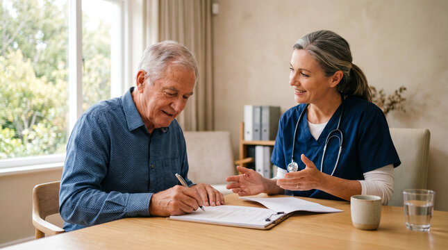 Senior patient signs treatment authorization documents while compassionate physician explains paperwork in bright private consultation room, conveying trust, informed consent and quality healthcare.