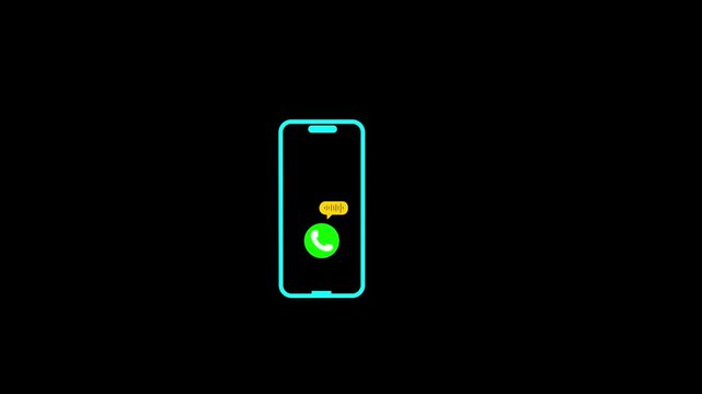 Neon cyan glowing smartphone line art animation with an incoming call button and yellow audio wave voice message chat bubble on dark black background stock video