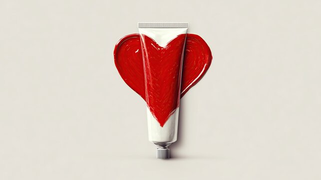 Thick red paint forms a heart around a white metal tube on a neutral surface. Concept of passion for creativity, artistic romance, and visual inspiration.