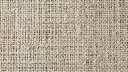Close up texture of natural woven beige linen fabric with subtle horizontal stripes and loose...
