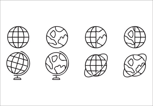 Globe and Earth Icons Set - Global Network World Outline Vector Collection