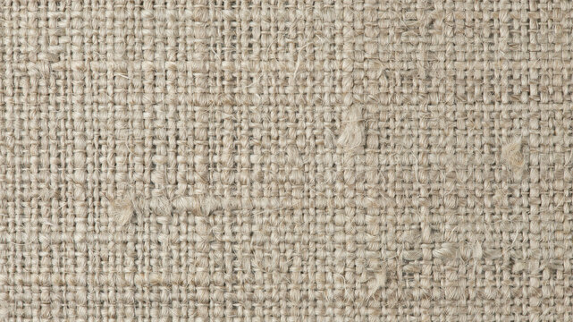 Close up texture of natural woven beige linen fabric with subtle horizontal stripes and loose threads