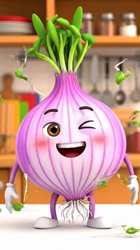 Happy cartoon purple onion character standing in kitchen