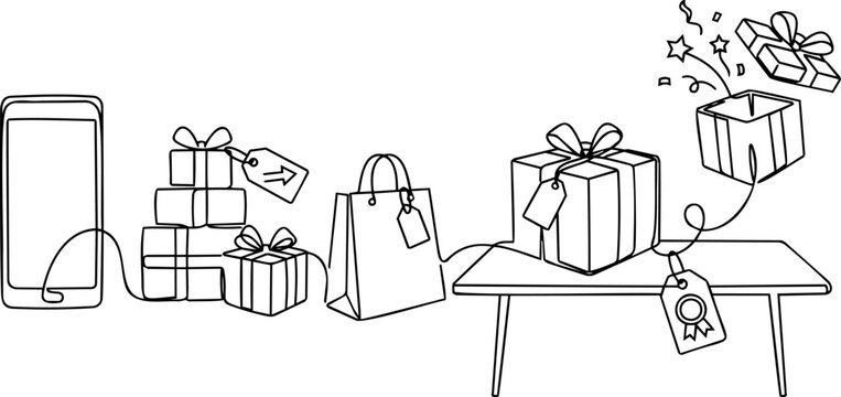Continuous one line drawing of smartphone with shopping bag and gift boxes mobile ecommerce concept vector