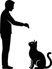 Man in silhouette offering food to a sitting cat  domestic scene © NurA