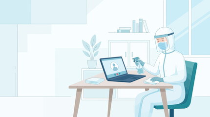 Fototapeta premium Healthcare worker in protective suit sanitizing office desk and laptop