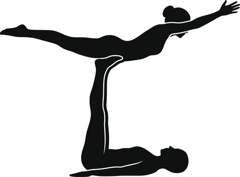 Yoga poses for two people in black silhouette on white background