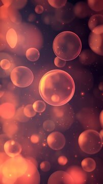 Abstract red bubbles background with glowing particles floating in dark space cinematic effect.