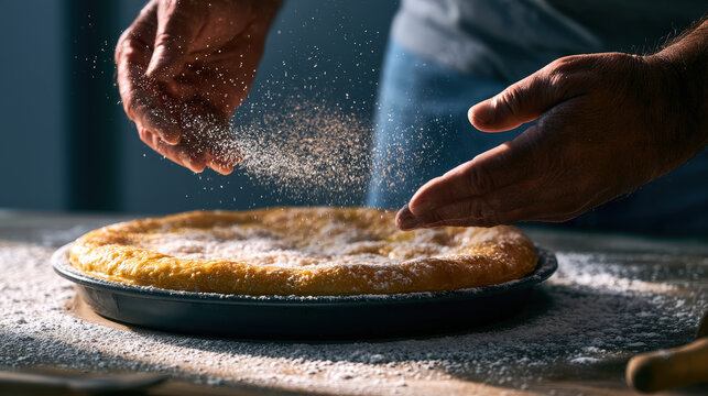 Bakers hands dusting powdered sugar over golden pastry crust with glossy egg wash, soft diffused morning light, sharp tack-focus, high-end commercial food photography with negative space