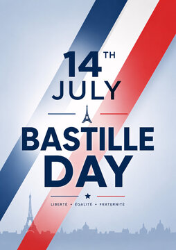Bastille Day 14th July France National Holiday Celebration Poster with French Flag Ribbon Background