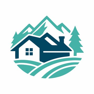 Minimalist mountain cabin logo icon with forest and peaks mountain landscape outdoors adventure wilderness vacation minimalist illustration building architecture environment exploration