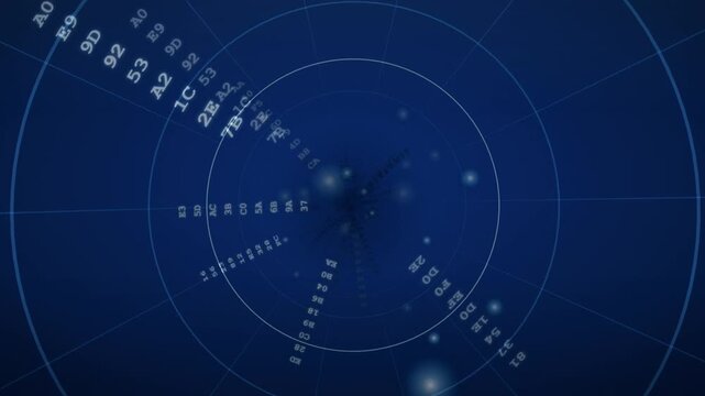 Abstract digital data tunnel of hexadecimal codes and concentric circles zooming through blue cyberspace.