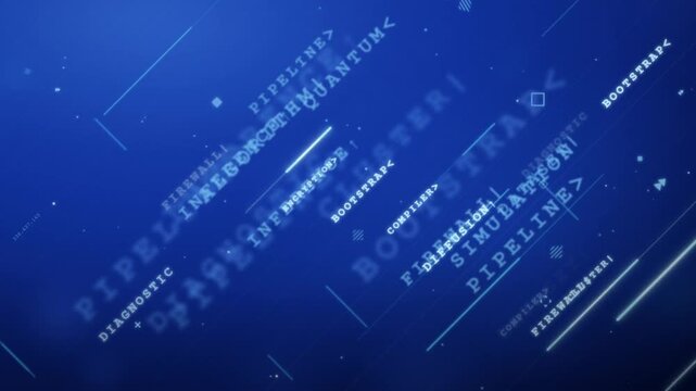 Futuristic computer science and technology buzzwords scrolling diagonally across a blue digital cyberspace background.