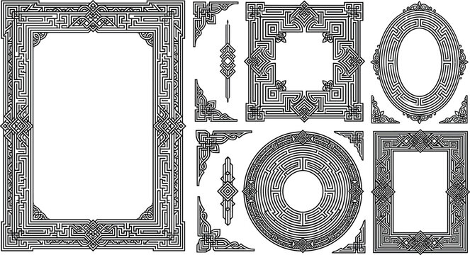 Vintage celtic knot frames vector set featuring intricate geometric maze borders corners and ornaments isolated on white background,