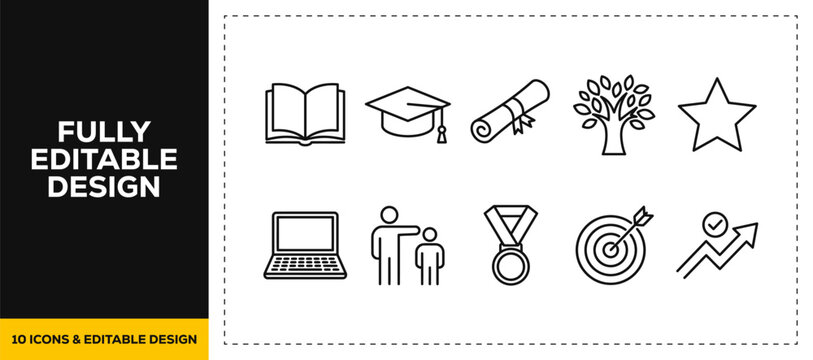 flat vector illustration line art icon bundle set design covering academic educations graduation books online learning tools and student achievement graphics web UI app