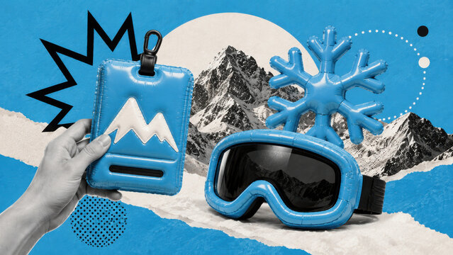 Inflatable ski travel scene with mountain pass, goggles and snowflake for winter holiday, alpine tourism and ski resort adventure