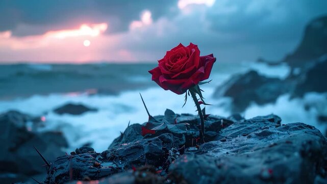 A red rose blooms on rocks by the ocean at sunset. The sea surges