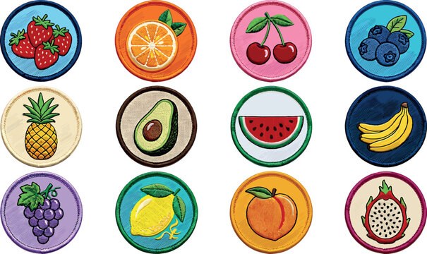 Vintage embroidered fruit patch vector badge collection featuring textured stitch style icons of strawberry avocado pineapple banana and orange