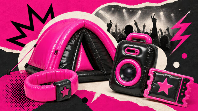 Inflatable music festival essentials with tent, speaker, wristband and ticket in bold editorial collage style for summer events
