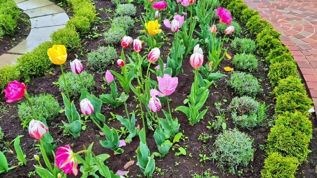 Bright pink, yellow, and white tulips sway gently along a curved garden path bordered by green shrubs at the Monastery of St. Nino in Bodbe, Georgia.