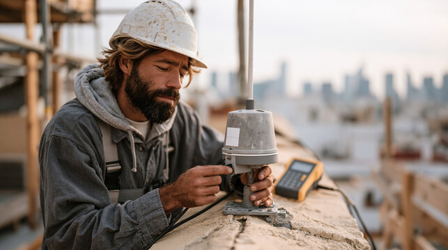 Air quality monitoring technician installing particulate sensor on rooftop of urban building, securing mounting bracket to parapet wall, city skyline visible across rooftops,