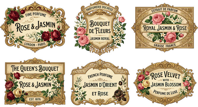 Vintage French perfume labels vector set with ornate gold baroque frames red roses and jasmine blossoms on white background