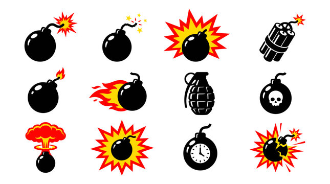 Bomb vector illustration set featuring various explosive devices including fuses fire explosions dynamite and grenades on white background design