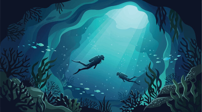 Adventurous scuba divers explore a stunning underwater cave, bathed in atmospheric light rays filtering from the ocean surface