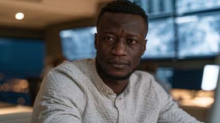 Fototapeta premium Nigerian cybersecurity analyst in darkened server room studying multiple wall-mounted displays showing network traffic anomaly alerts, concentrated expression, African tech