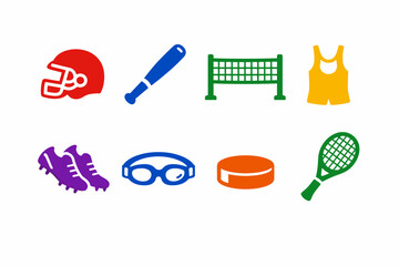 Fototapeta premium Colorful sports equipment icons set, flat vector athletic gear collection, professional competition and fitness symbols for web and print design