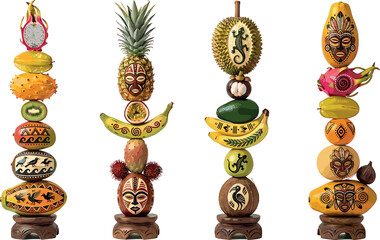 Obraz premium Tropical fruit totem pole vector set featuring creative tribal mask carvings on pineapple banana papaya mango and dragonfruit