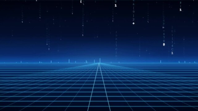 Falling digital code rain over a glowing blue wireframe grid in futuristic cyberspace.