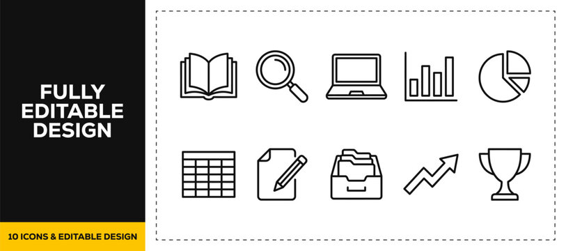 flat vector illustration line art icon bundle set design illustrating digital market analysis business growth charts data statistics tracking and presentation web UI