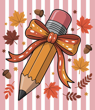 Teacher Fall Pencil PNG with Pink Stripes and Leaves
