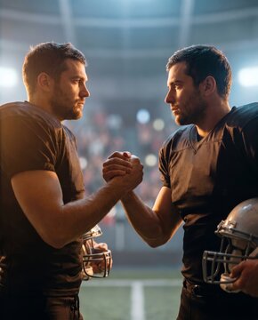 American football players greeting before game inside illuminated stadium. Concept of sportsmanship, rivalry, teamwork, league promotion and championship advertising.