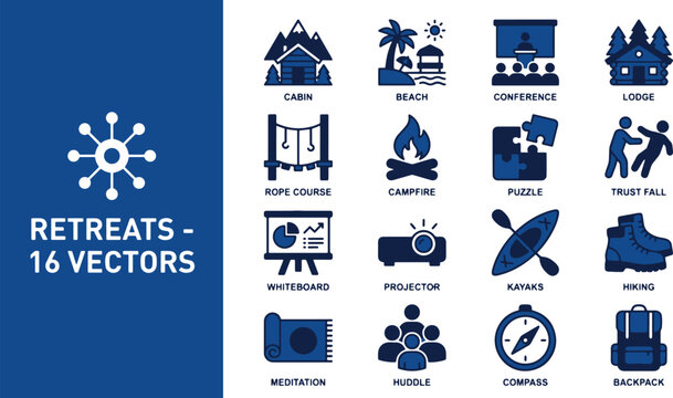 Corporate Retreats and Team Building Vector Icon Set for Company Outing Event Planning and Outdoor Activities.