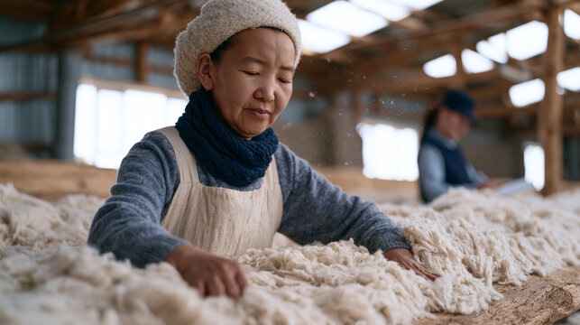 Mongolian cashmere sorter working in processing warehouse separating fiber grades by touch at long wooden sorting table as factory supervisor records quality assessment data and