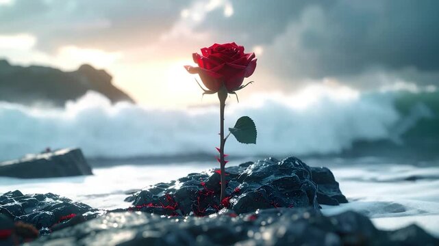 A lone red rose blooms amidst ocean waves on a rocky shore