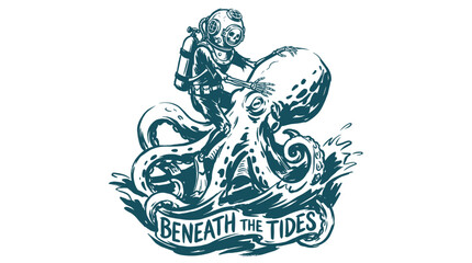 Beneath the tides vintage artwork. Skeleton diver riding octopus. Nautical t shirt design. © panji