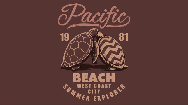 Pacific beach summer explorer. Sea turtle vintage artwork. West coast retro t shirt design.. Retro