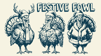 Festive fowl Christmas turkey set. Vintage Santa turkey design. Holiday bird vector artwork. © panji