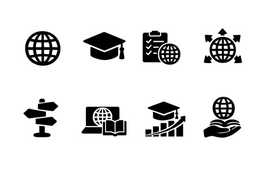 Global Learning Icons. International learning opportunities. Filled icon set of International learning